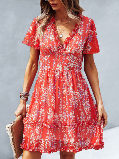 Women's Floral Print Flutter Sleeve Faux Wrap Mini Dress