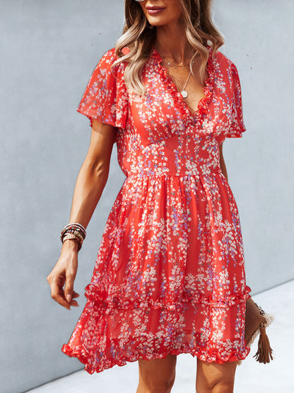 Women's Floral Print Flutter Sleeve Faux Wrap Mini Dress