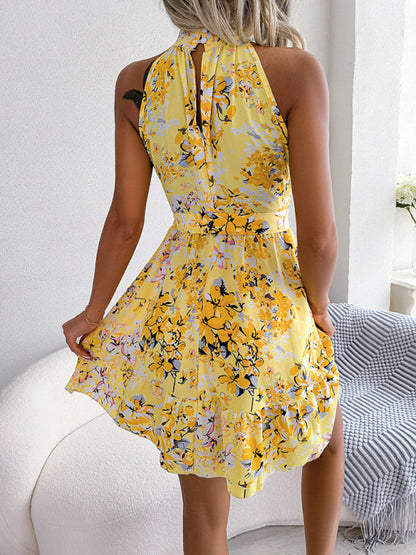 Women's Elegant Lace-Up Ruffled Floral Dress