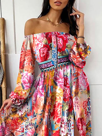 Women's Floral Print The Shoulder Long Sleeve Maxi Dress