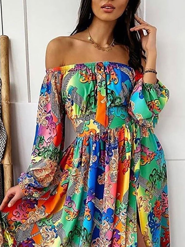 Women's Floral Print The Shoulder Long Sleeve Maxi Dress