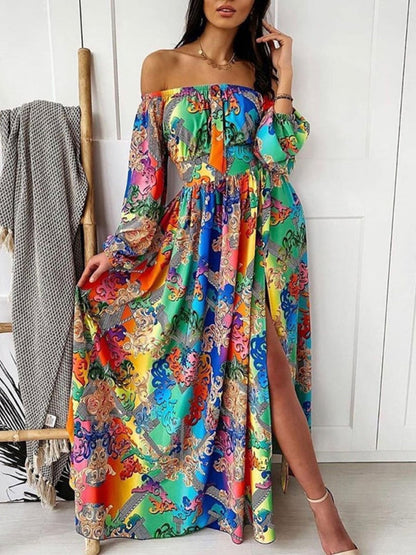 Women's Floral Print The Shoulder Long Sleeve Maxi Dress