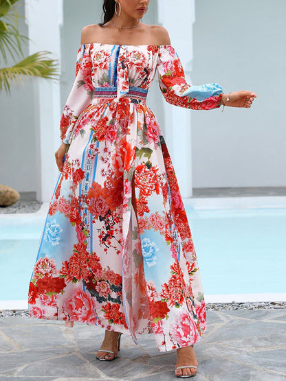 Women's Floral Print The Shoulder Long Sleeve Maxi Dress
