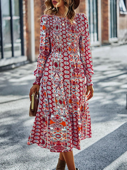 Women's Bohemian Round Neck Dress Spring and Autumn Seasons New Arrival Swing Skirt