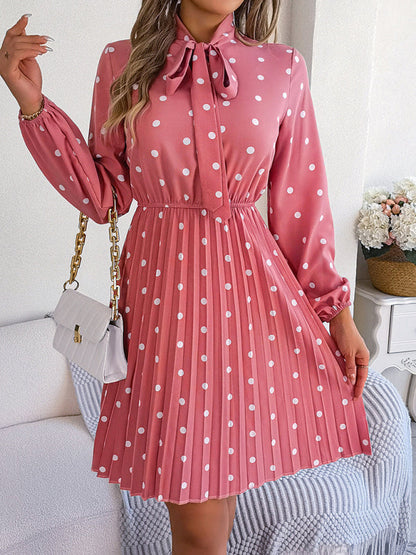 Women's elegant polka-dot lace-up waist long-sleeved pleated skirt