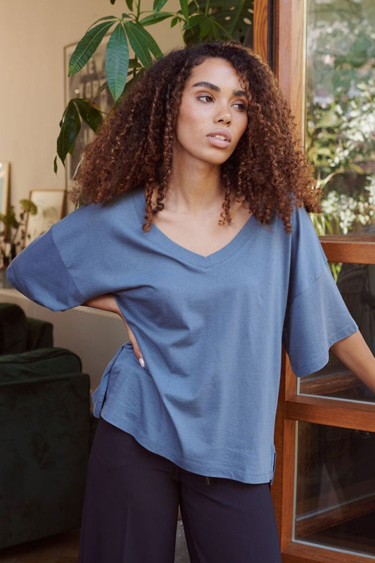 Ella Blue Over Sized V Neck T-Shirt-0