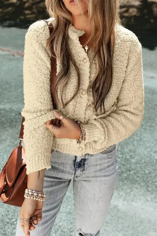 Oatmeal Pearl Buttons Popcorn Textured Sweater Cardigan-4