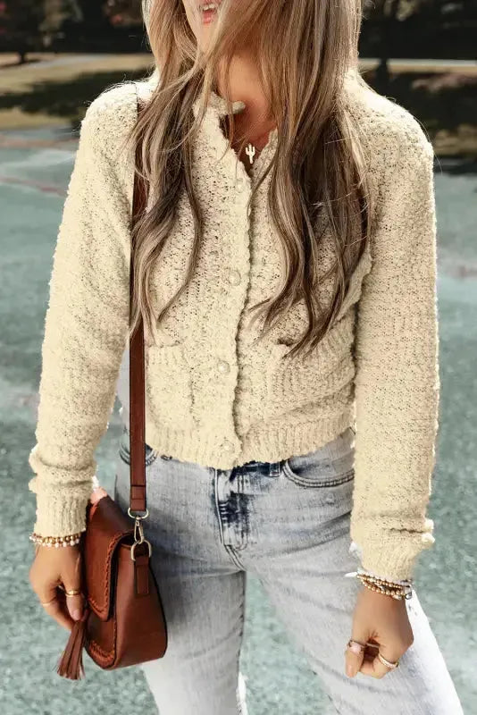 Oatmeal Pearl Buttons Popcorn Textured Sweater Cardigan-2