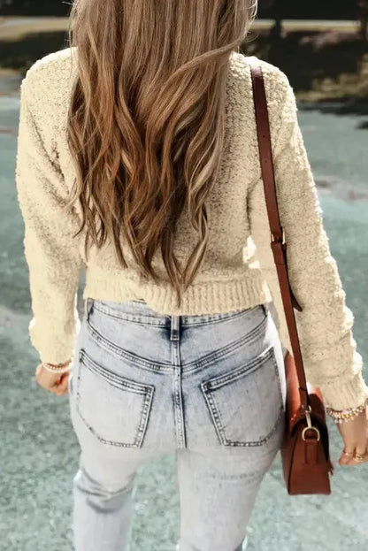 Oatmeal Pearl Buttons Popcorn Textured Sweater Cardigan-1