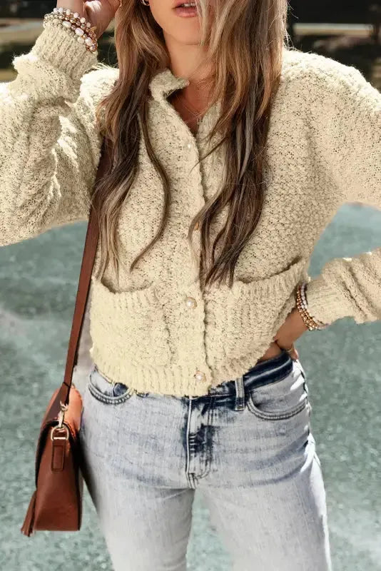 Oatmeal Pearl Buttons Popcorn Textured Sweater Cardigan-3