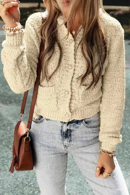 Oatmeal Pearl Buttons Popcorn Textured Sweater Cardigan-0