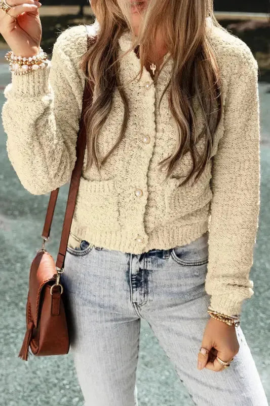 Oatmeal Pearl Buttons Popcorn Textured Sweater Cardigan-0
