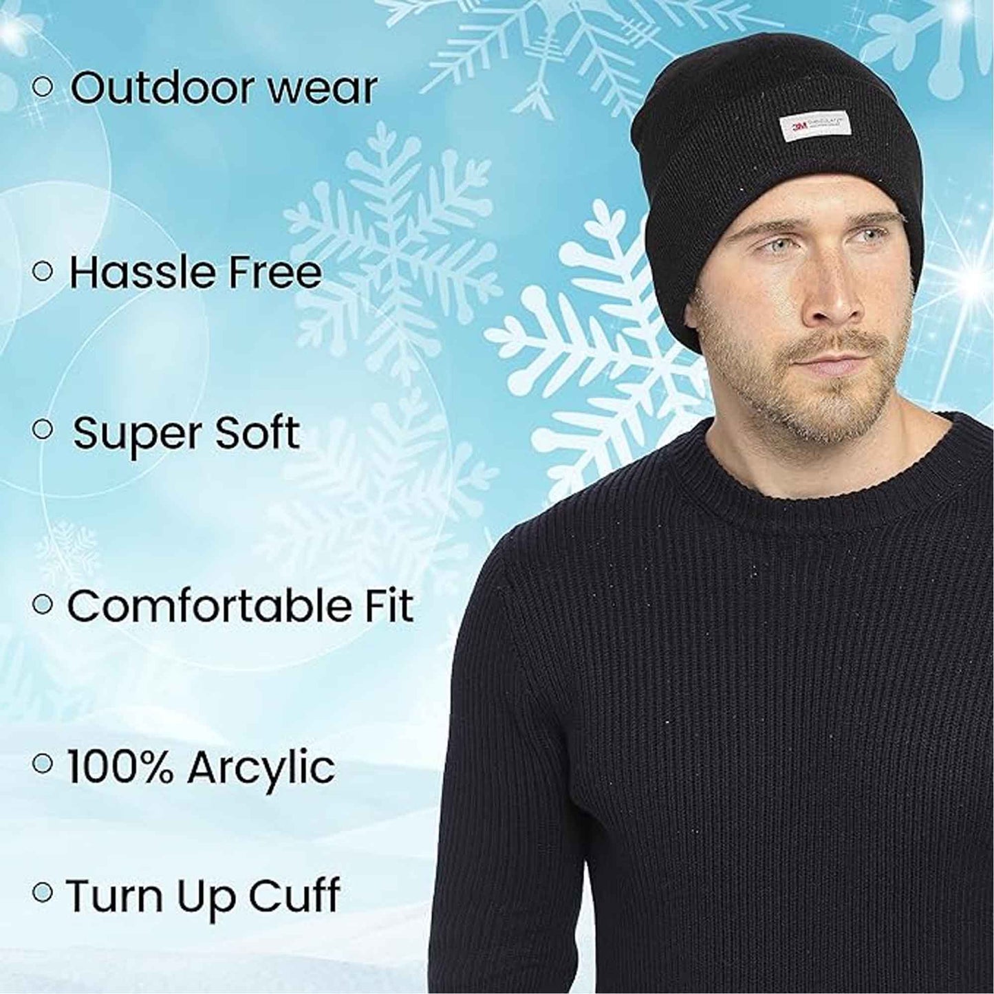 Pack of 2 Mens Winter Ski Beanie Hats with 3M Thinsulate Thermal Lining for Skiing Snowboarding Outdoor Activities Warm Breathable Moisture-Wicking Knit Caps by Sock Stack