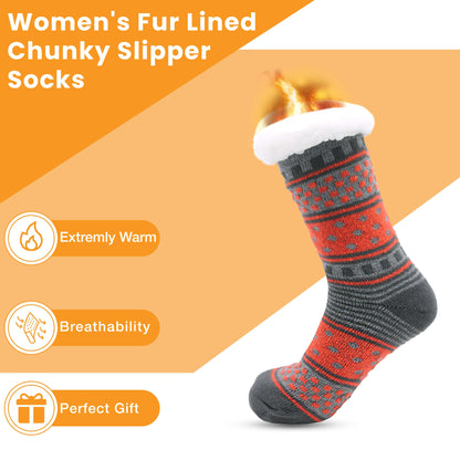 Pack of 2 Women's Fur Lined Chunky Slipper Socks Soft Warm & Cozy Winter Non-Slip Knitted Lounge Bed Socks by Socks Stack.