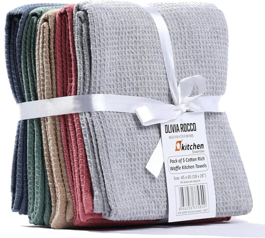 Pack of 5 Ultra Absorbent Waffle Kitchen Tea Towels High-Quality Soft Cotton Assorted Colours Durable for Home and Catering Use by OLIVIA ROCCO