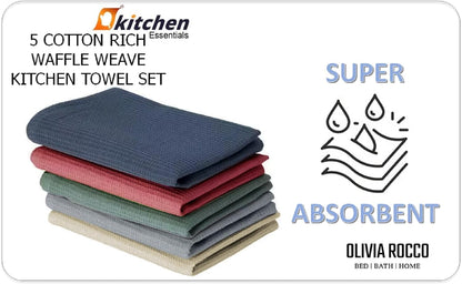Pack of 5 Ultra Absorbent Waffle Kitchen Tea Towels High-Quality Soft Cotton Assorted Colours Durable for Home and Catering Use by OLIVIA ROCCO