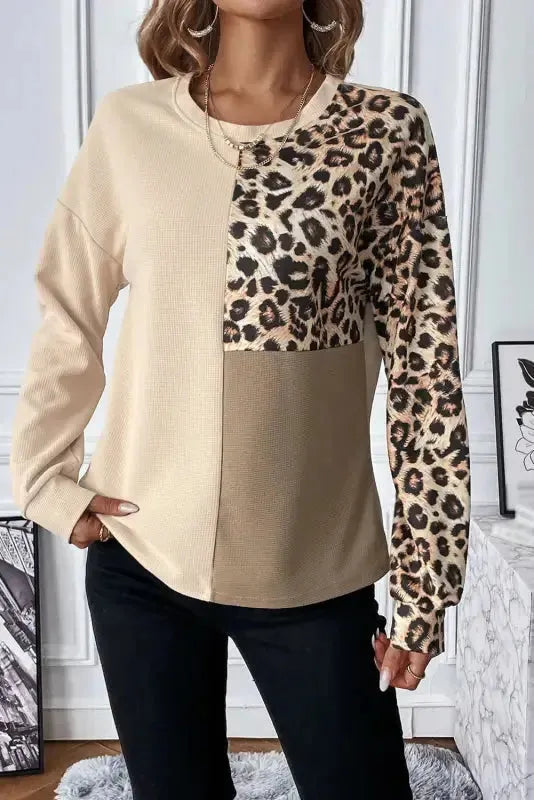 Pale Khaki Leopard Color-block Waffle Knit Top