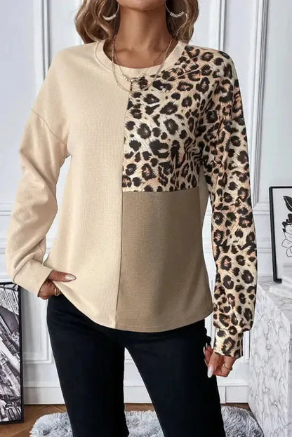 Pale Khaki Leopard Color-block Waffle Knit Top