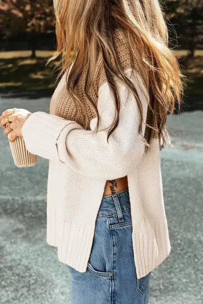 Parchment Cable Knit Color Block Side Splits High Neck Sweater-2