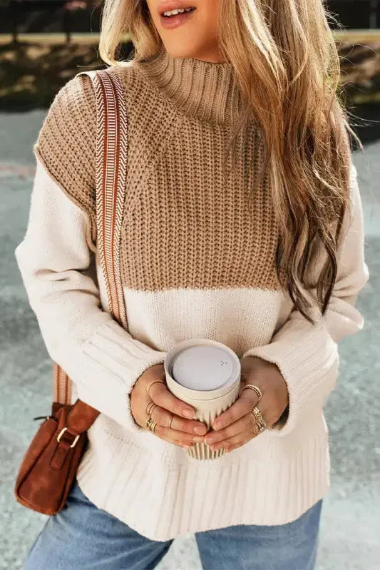 Parchment Cable Knit Color Block Side Splits High Neck Sweater-0
