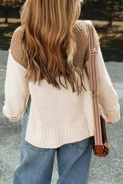 Parchment Cable Knit Color Block Side Splits High Neck Sweater-1