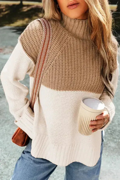 Parchment Cable Knit Color Block Side Splits High Neck Sweater-3