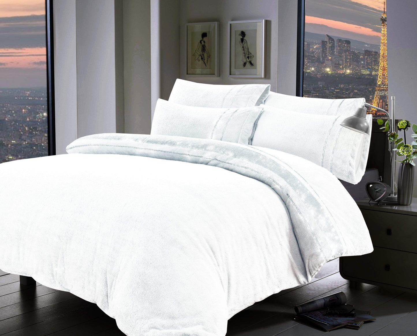 Paris Glitz Teddy Fleece Duvet Set Luxurious Handwoven Diamante Detailing Super Soft Faux Fur OEKO-TEX Certified Multiple Sizes Available by OLIVIA ROCCO