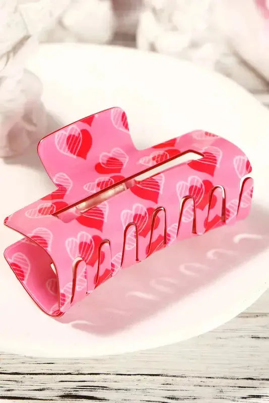 Pink Double Heart Printed Valentines Fashion Hair Claw-3