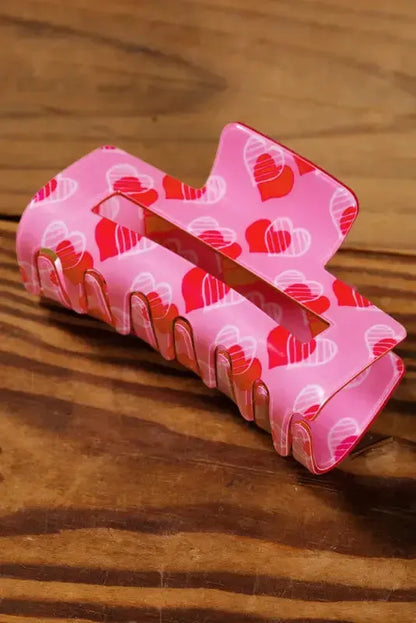 Pink Double Heart Printed Valentines Fashion Hair Claw-1
