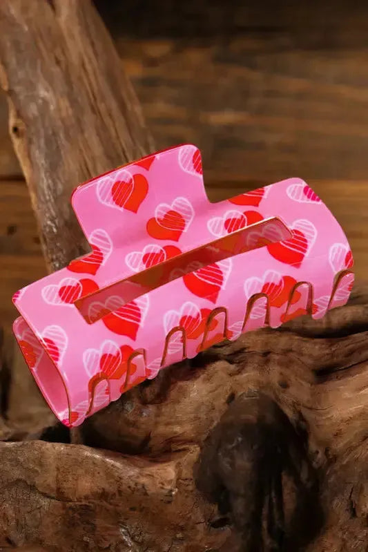 Pink Double Heart Printed Valentines Fashion Hair Claw-0