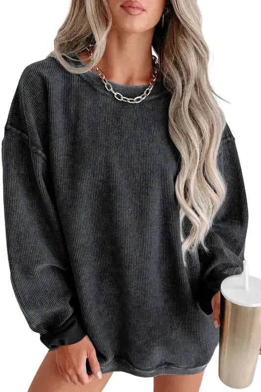 Ribbed Knit Round Neck Pullover Sweatshirt-3
