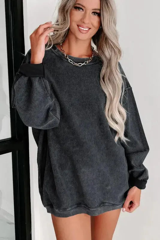 Ribbed Knit Round Neck Pullover Sweatshirt-1