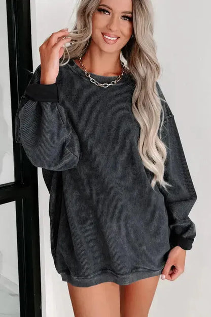 Ribbed Knit Round Neck Pullover Sweatshirt-1
