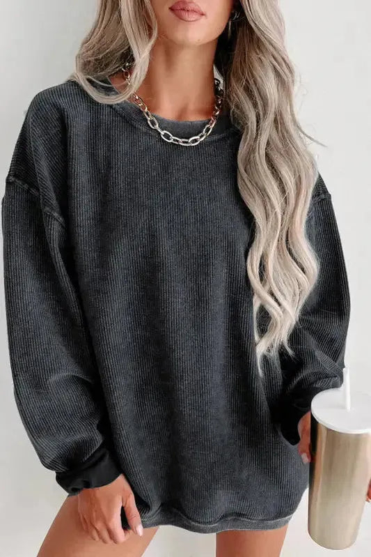 Ribbed Knit Round Neck Pullover Sweatshirt-0