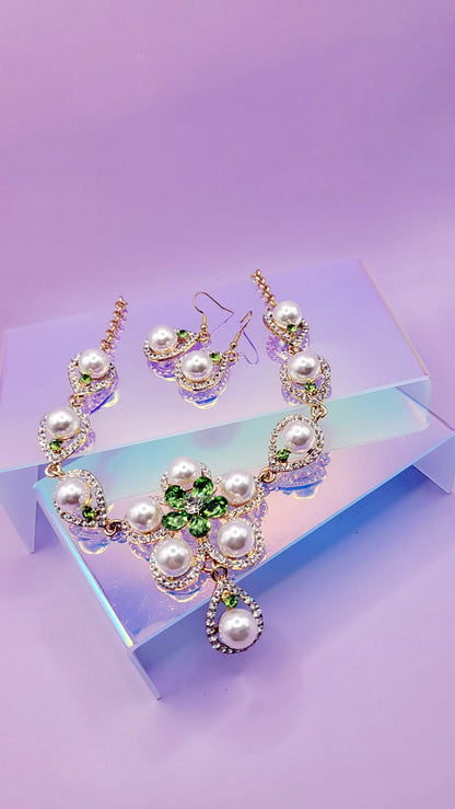 Pearl Crystal Duo Necklace & Earrings