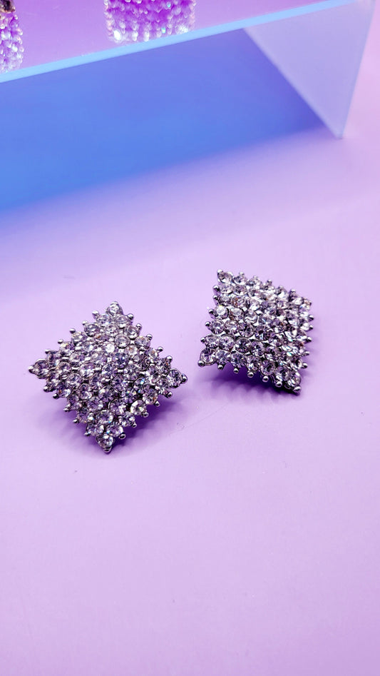 Square Iced Out Crystal Non Pierced Clip On Earrings
