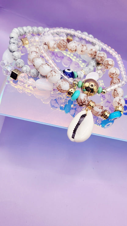 Shell Charm Ceramic Beaded Bracelet Set
