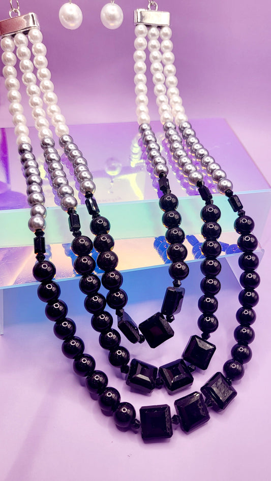 Square Pearl Multi Layer Necklace & Earrings