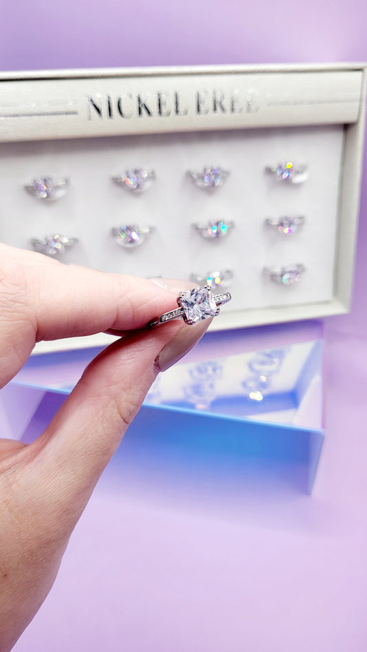 Square Crystal Ring Silver Box set of 12