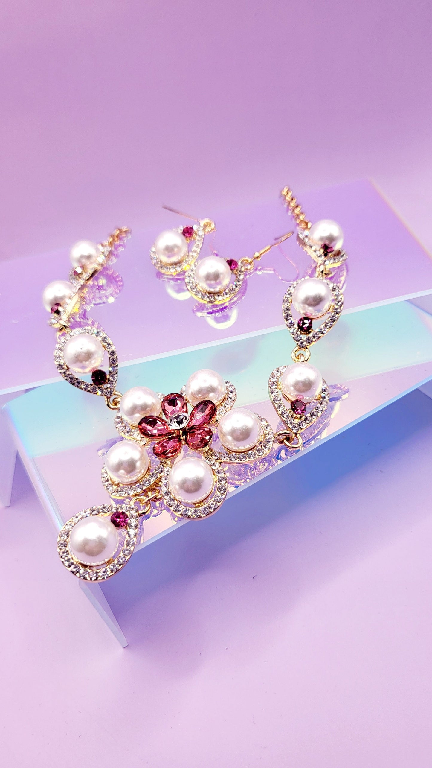 Pearl Crystal Duo Necklace & Earrings