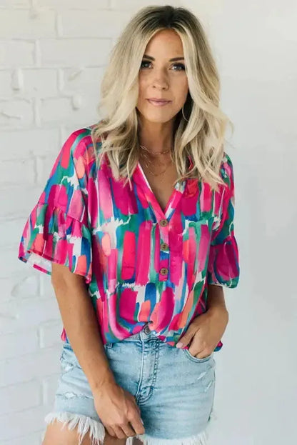 Rose Abstract Brushwork Print Blouse-4