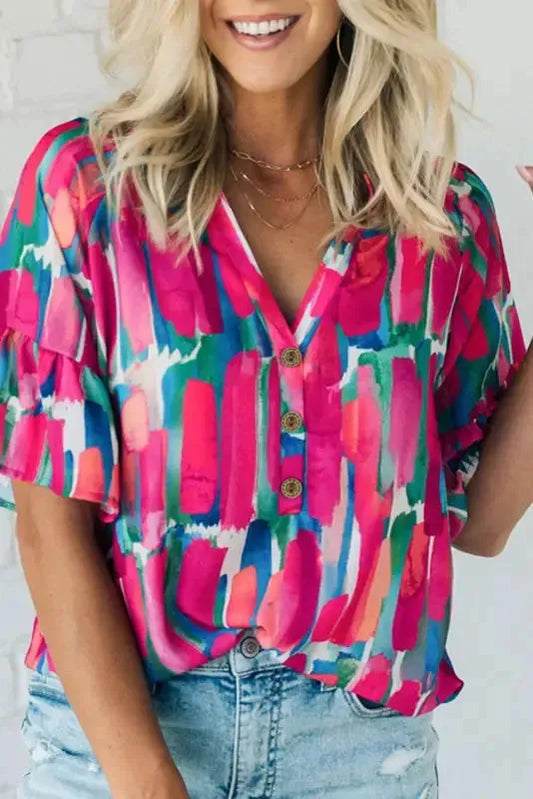 Rose Abstract Brushwork Print Blouse-0