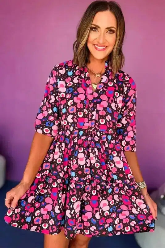 Rose Abstract Short Dress - V-Neck Half Sleeve-3