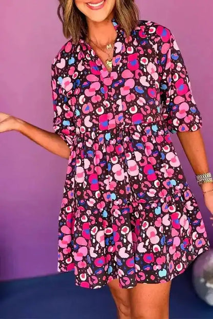 Rose Abstract Short Dress - V-Neck Half Sleeve-0