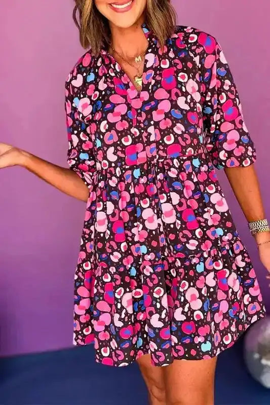 Rose Abstract Short Dress - V-Neck Half Sleeve-0
