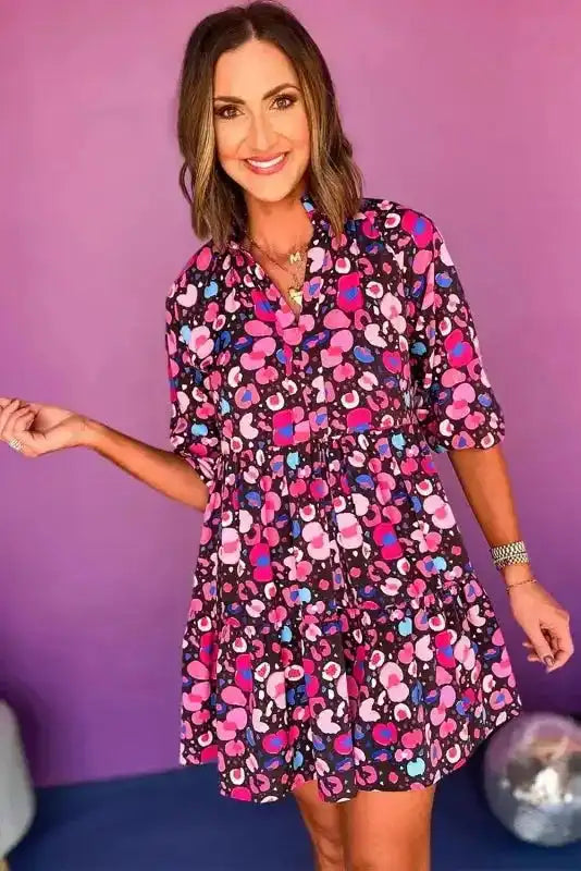 Rose Abstract Short Dress - V-Neck Half Sleeve-4