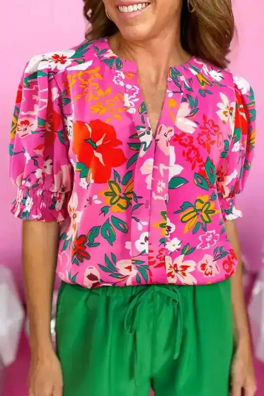 Rose Floral Blouse - Split V-Neck Puff Sleeve-0