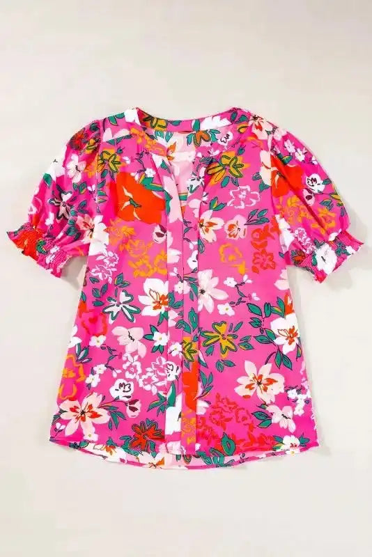 Rose Floral Blouse - Split V-Neck Puff Sleeve-3