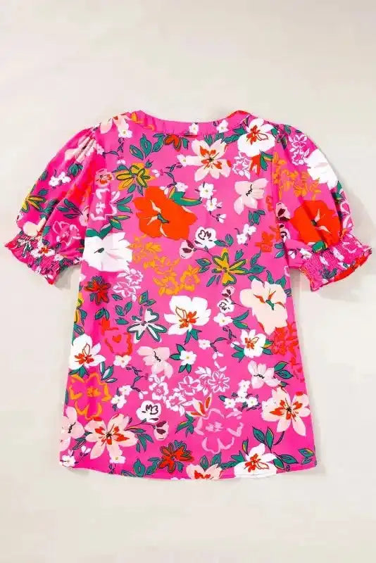 Rose Floral Blouse - Split V-Neck Puff Sleeve-4