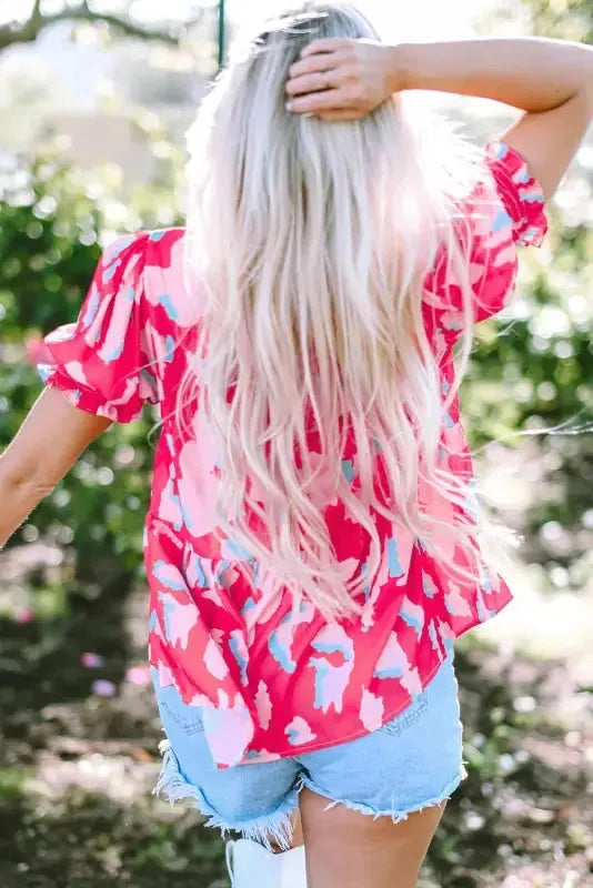 Rose Smocked Puff Sleeve V-Neck Blouse-1